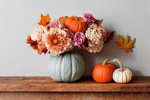 décor d'automne sur une table en bois sur un fond de bannière de mur blanc. fleurs de couleurs d'automne, citrouilles à côté du vase. Illustration 3D. photo