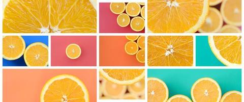 un collage de nombreuses photos avec des oranges juteuses. ensemble d'images avec des fruits et des couleurs différentes