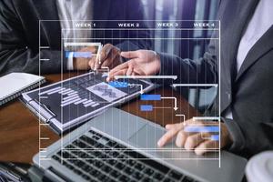le chef de projet travaille et met à jour les tâches avec la planification de l'avancement des jalons et le diagramme de planification du diagramme de gantt. entreprise travaillant avec un téléphone intelligent, une tablette et un ordinateur portable au bureau. photo