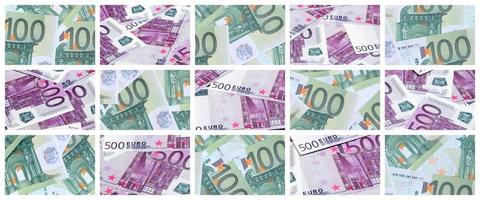 un collage de nombreuses images de centaines de dollars et de billets en euros empilés photo