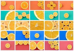 un collage de nombreuses photos avec des oranges juteuses. ensemble d'images avec des fruits et des couleurs différentes