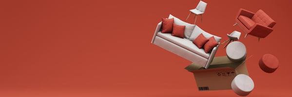 concept de design d'intérieur vente de décorations pour la maison et de meubles lors de promotions et de remises, il est entouré de lits, canapés, fauteuils et bannière d'espaces publicitaires. fond pastel. rendu 3D photo