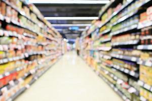 intérieur de l'allée du supermarché avec étagères de produits arrière-plan flou abstrait photo