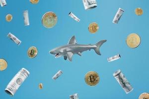 un requin d'argent au centre entouré de dollars et de bitcoins sur fond bleu. photo