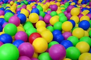 de nombreuses balles en plastique colorées dans une piscine à balles pour enfants sur une aire de jeux. gros plan photo