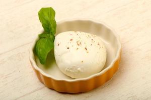 Fromage mozzarella dans un bol sur fond de bois photo