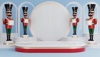 Podium de cylindre de rendu 3d dans le père noël de noël et l'arbre de noël, coffrets cadeaux, ruban, produit, parfum, vente de promotion, présentation, cosmétique sur la couleur de fond. photo