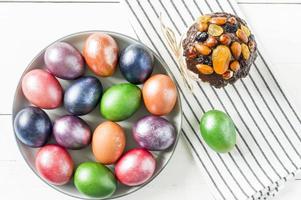 vue de dessus d'une grande assiette festive avec des oeufs peints colorés pour pâques. un gâteau de pâques décoré sur une serviette. fond blanc. photo