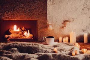 tasse avec thé chaud et une bougie, écharpe en laine, près d'une cheminée, hygge, home sweet home photo