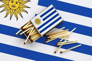 le drapeau de l'uruguay est affiché sur une boîte d'allumettes ouverte, d'où tombent plusieurs allumettes et repose sur un grand drapeau photo