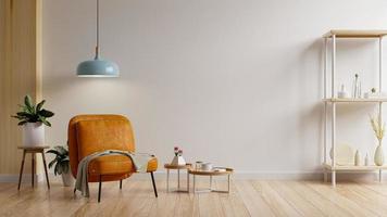 chambre vide aux tons chauds avec fauteuil en cuir orange et décoration minimaliste. rendu 3d