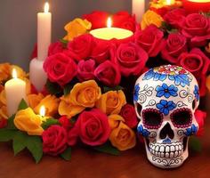 dia de los muertos jour mexicain des morts composition de table avec crâne, bougies, fleurs photo