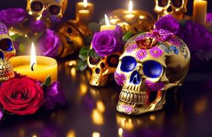 crâne d'or pour dia de los muertos - jour des morts avec des bougies et des fleurs photo