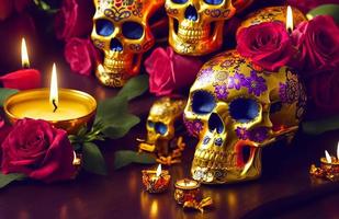 crâne d'or pour dia de los muertos - jour des morts avec des bougies et des fleurs photo