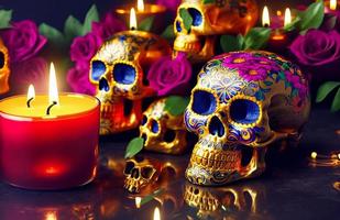 crâne d'or pour dia de los muertos - jour des morts avec des bougies et des fleurs photo