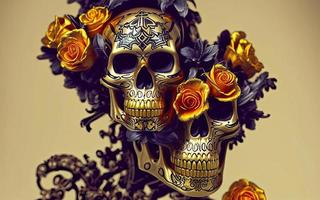 crâne en or avec des fleurs et des vignes fond fantasmagorique pour le jour des morts photo