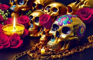 crâne d'or pour dia de los muertos - jour des morts avec des bougies et des fleurs photo