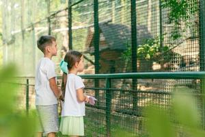 les enfants observent une cage avec des oiseaux dans le zoo. la fille tient un cahier et prend des notes photo