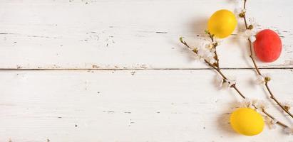 bannière d'oeufs de pâques colorés avec des fleurs de printemps et des feuilles vertes, sur un fond en bois blanc. espace pour le texte. photo