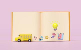 Icône de signe de dessin animé d'autobus scolaire jaune 3d, élèves de transport isolés sur fond rose. ampoule, accessoires avec microscope, livre ouvert, sac, crayon, fournitures scolaires, retour à l'école rendu 3d photo