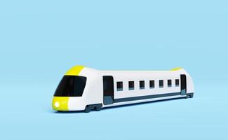 Caricature de train à grande vitesse 3d, jouet de transport de train ciel blanc jaune, service de voyage d'été, planification de train de tourisme voyageur isolé sur fond bleu. illustration de rendu 3d photo