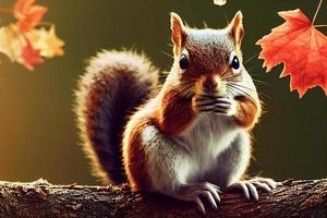 Illustration 3d d'un écureuil mignon assis sur une branche dans la forêt d'automne photo