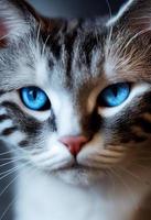 Illustration 3d d'un portrait d'un chat aux yeux bleus et à la fourrure blanche grise en gros plan photo