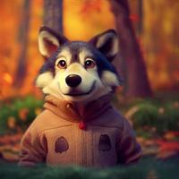Illustration 3d d'un personnage de loup portant un chandail confortable dans la forêt d'automne photo
