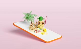 téléphone portable 3d, smartphone orange avec ananas, barre, palmier, valise, canard, sandales, lunettes de soleil, écouteurs isolés sur fond rose. concept de vacances de voyage d'été, illustration de rendu 3d photo