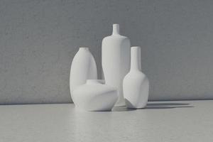 décor de vases en céramique blanche au rendu 3d du coucher du soleil. photo