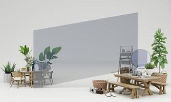 concept extérieur vente de décorations et de meubles pour la maison lors de promotions et de remises, il est entouré de table, chaise, fauteuils et bannière d'espaces publicitaires. fond pastel. rendu 3D photo