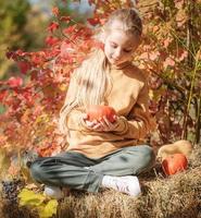 fille dans le foin avec des citrouilles photo