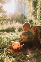 charmant petit garçon mignon avec un panier de citrouille pour les bonbons est assis sous un saule au coucher du soleil. fabuleuse belle forêt magique. notion d'Halloween. l'enfant joue à l'extérieur. espace pour le texte photo