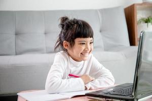 étudiant fille asiatique classe d'apprentissage en ligne étude appel vidéo en ligne zoom enseignant, fille heureuse apprendre la langue anglaise en ligne avec un ordinateur portable à la maison.nouveau normal.covid-19 coronavirus.distanciation sociale.rester à la maison photo