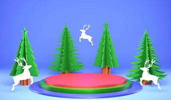 Ornements de noël de rendu 3d et podium sur fond bleu, arbre de noël illustration 3d et accessoire de papercut de cerf de pluie photo