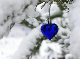 fond de noël avec arbre de noël jouet coeur bleu sur une branche de pin couverte de neige dans la forêt d'hiver avec copie espace vacances de nouvel an, fête de noël, carte de voeux photo