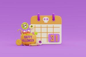 joyeux halloween avec calendrier, panier de citrouille plein de bonbons colorés et de sucreries sur fond violet, vacances traditionnelles d'octobre, rendu 3d. photo