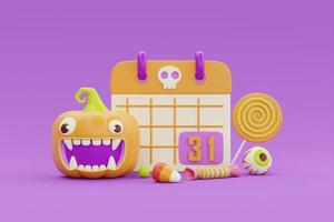 joyeux halloween avec calendrier, citrouilles jack-o-lantern, bonbons colorés sur fond violet, vacances traditionnelles d'octobre, rendu 3d. photo