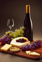 une bouteille de vin avec des raisins et une assiette de fromages. photo