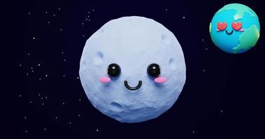 adorable et mignonne planète terre et lune de dessin animé 3d sur fond d'étoiles de l'espace. bannière ou affiche internationale de la fête de la terre mère. fond conceptuel du jour de la terre heureux photo