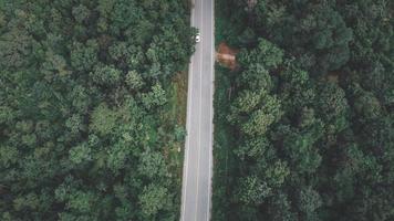 vue aérienne d'une autoroute à travers une forêt au coucher du soleil photo