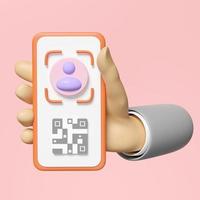 vérification d'identité avec visage, scanner de code qr isolé sur fond rose. main à l'aide d'un téléphone portable, d'un smartphone, d'un modèle de téléphone à écran, d'une maquette de téléphone à écran, d'une illustration de rendu 3d, d'un chemin de détourage photo