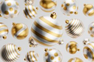 boule de noël 3d dorée de luxe tombant avec motif sur fond blanc. Rendu 3d fond de luxe de bonne année avec boule de boule dorée et blanche photo