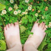 Pieds de bébé pieds nus sur l'herbe verte photo