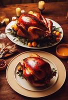 dinde de thanksgiving rôtie sur une table de fête. Illustration 3D. photos de nourriture