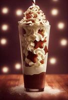 Illustration 3D de milk-shakes. crème, garniture, chocolat, vanille, fruits, banane, fraise, biscuits, biscuit. publicité, bannière. festif, hiver, automne, noël. photo