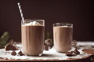 Illustration 3D de milk-shakes. crème, garniture, chocolat, vanille, fruits, banane, fraise, biscuits, biscuit. publicité, bannière. festif, hiver, automne, noël. photo