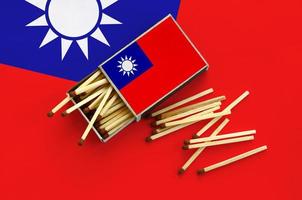 le drapeau de taïwan est affiché sur une boîte d'allumettes ouverte, d'où tombent plusieurs allumettes et repose sur un grand drapeau photo