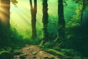 vue matinale d'une forêt tropicale avec de beaux rayons de soleil photo