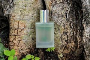 Flacon de parfum sur fond de racines en bois photo